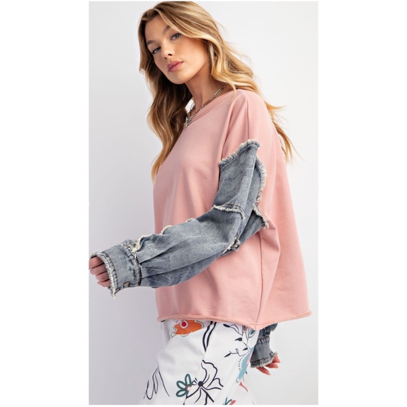 Easel French Terry Color Block Frayed Denim Sleeve Top - Picture 4 of 4